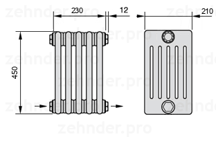 Схема (чертеж) Радиатор Zehnder Charleston 6045/5 №2670 Белый глянцевый RAL 9016